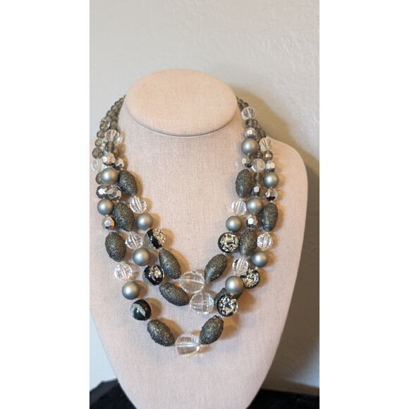 Vintage Gray Clear Faceted Crystal, Lava, Foil Bead Necklace W/ Fancy Clasp - Picture 9 of 10